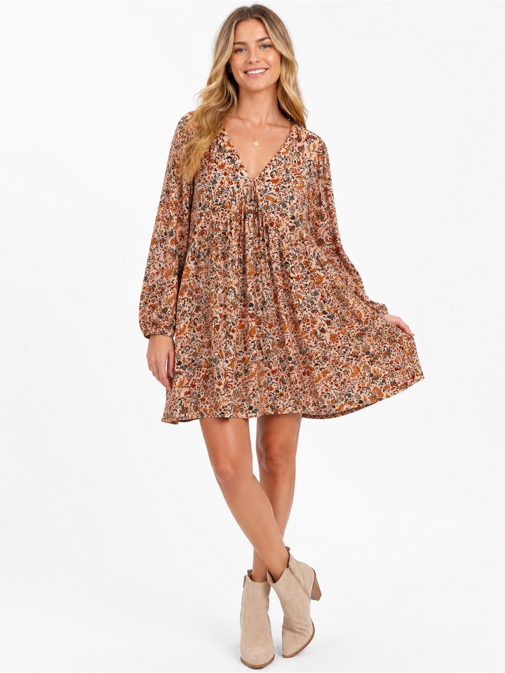Old Navy Pink Floral Plunge V-Neck Long Sleeve Mini Swing Dress Large Boho